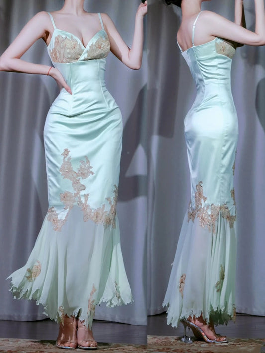 girlhomeshops-Retro Fashion Green Flower Long Satin Chiffon Evening Dress Prom Dress gh5911