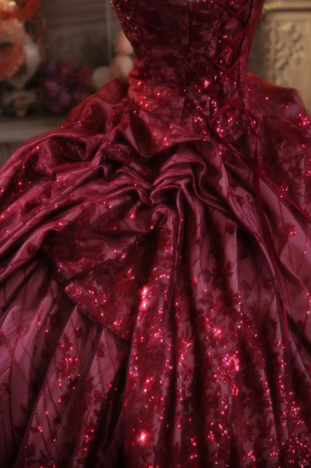 Glamorous Burgundy Sequin Ruffled Tiered Spaghetti Strap Sweet 15 Quinceanera Ball Gown TP5545