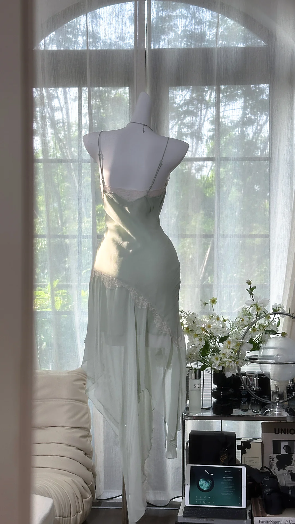 Vintage Mint Green Irregular Lace Hem Spaghetti Strap Design Chiffon Prom Dress Evening Dress  TP4246