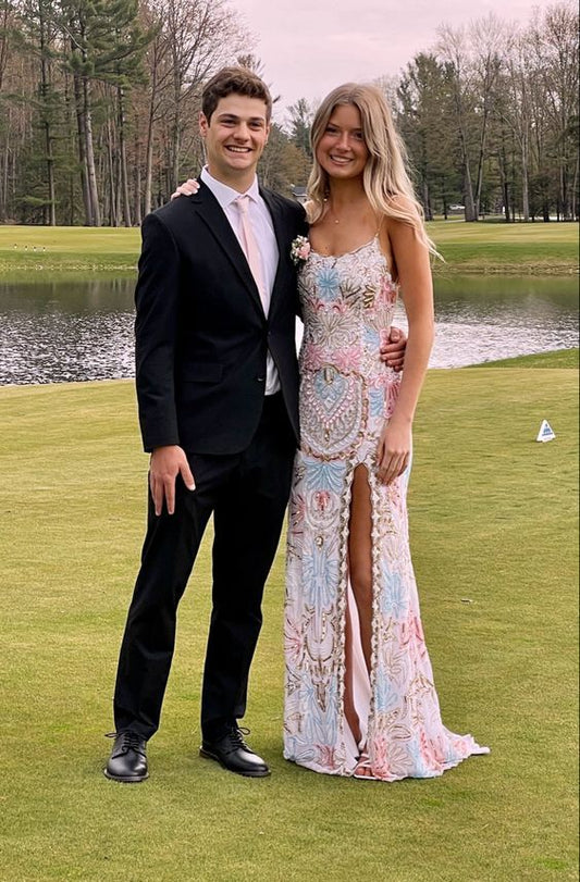 Vintage Applique Beaded Evening Gown Sheath Spaghetti Strap Party Dress High Slit Long Formal Dress TP4980