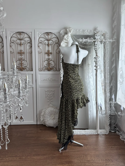 Black & White Leopard Print Spaghetti Straps Fitted Waist Sexy Prom Gown & Evening Gown gh7356