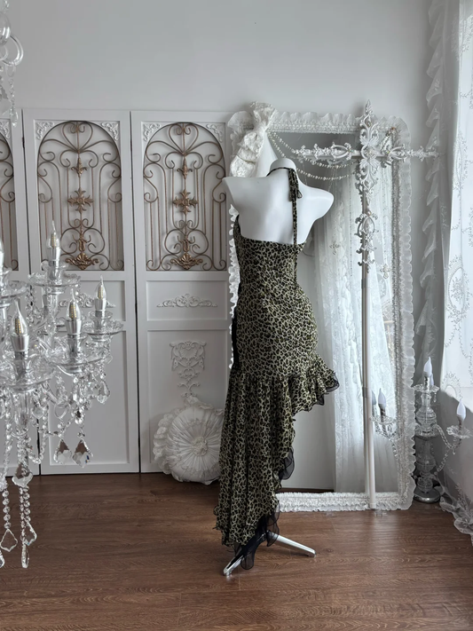 Black & White Leopard Print Spaghetti Straps Fitted Waist Sexy Prom Gown & Evening Gown gh7356