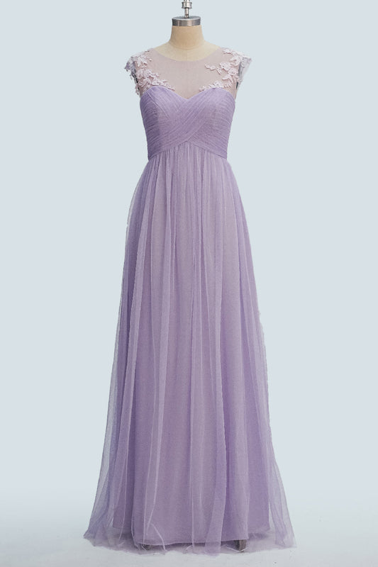 Lavender A-line Illusion Tulle Pleated Lace Long Bridesmaid Dress