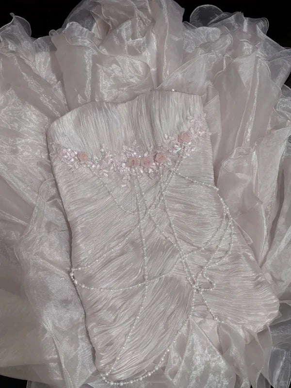 Elegant Light Pink Strapless Chiffon Sweet 16 Quinceanera Mermaid Evening Dress Ball Gown TP4280