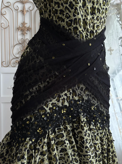 Black & White Leopard Print Spaghetti Straps Fitted Waist Sexy Prom Gown & Evening Gown gh7356