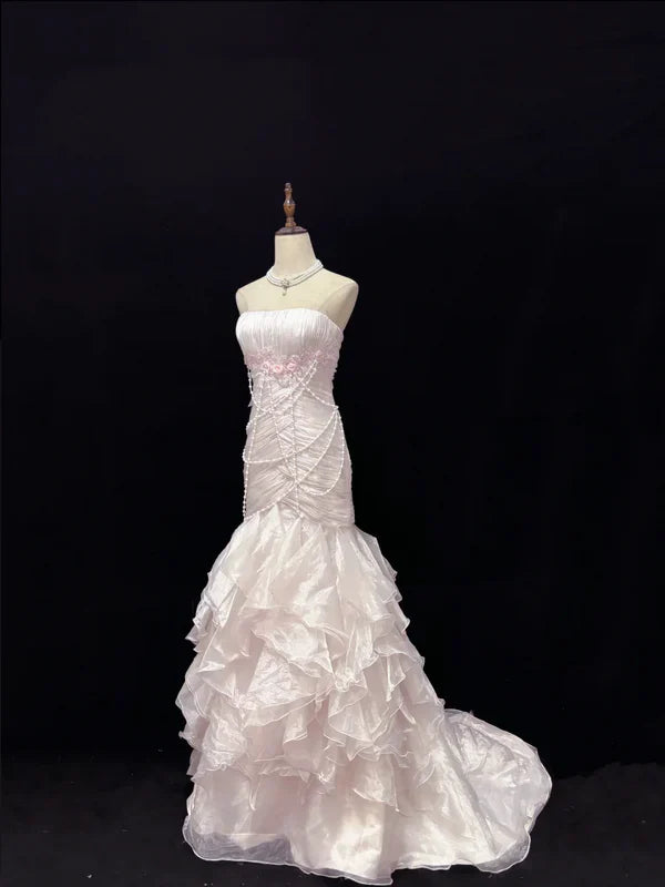 Elegant Light Pink Strapless Chiffon Sweet 16 Quinceanera Mermaid Evening Dress Ball Gown TP4280