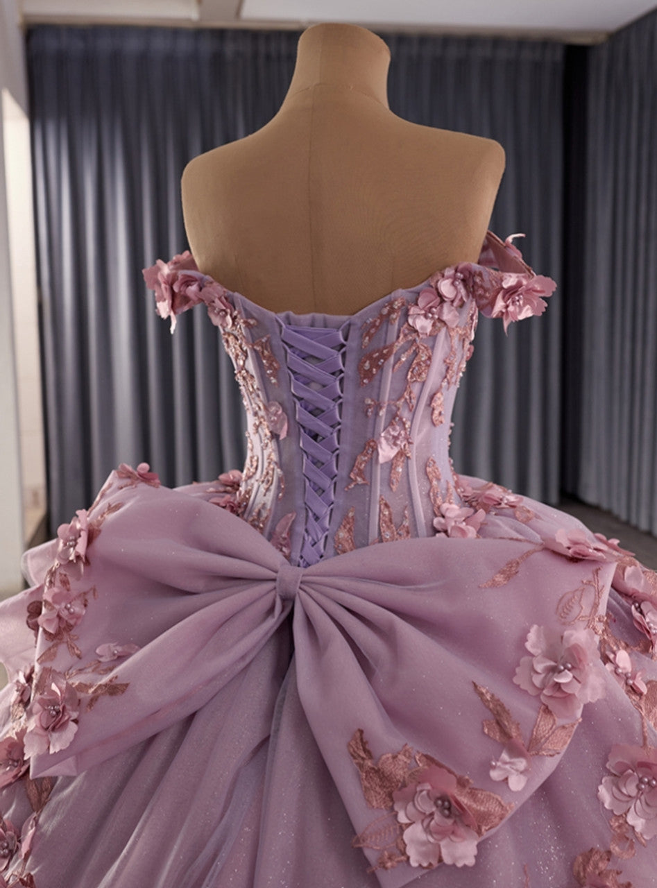 Glamorous Lavender Glitter Tulle Off-the-Shoulder Floral Embroidery 3D Rose Appliques Sweet 15 Quinceanera Ball Gown TP5448