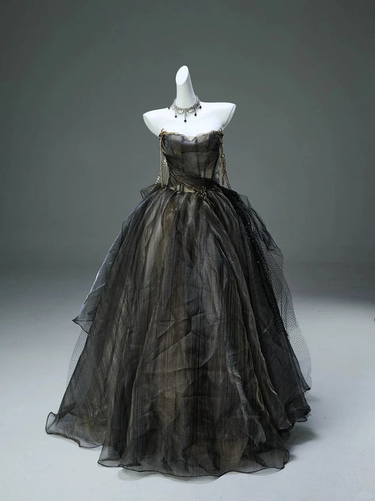 Black Gorgeous Exquisite Gold Beads Stylish Elegant Long Tulle Floor Length Ball Gown Evening Gown Princess Graduation Gown Adult Ceremony Gown gh3844