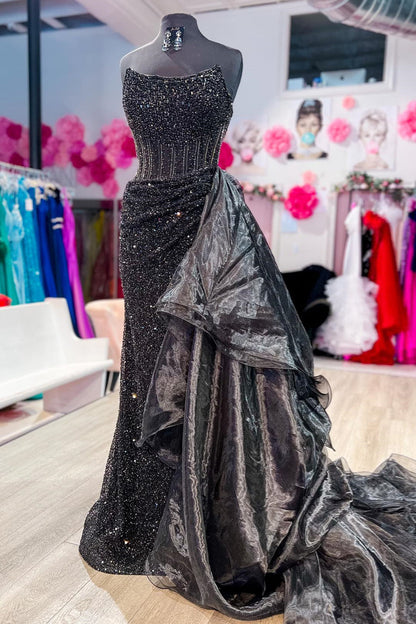 Black Strapless Mermaid Sequins Long Prom Dress with Detachable Train