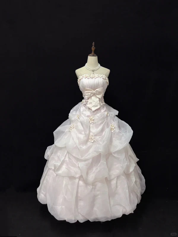 Elegant Light Pink Strapless Satin Sweet 16 Quinceanera A-Line Evening Dress Ball Gown TP4279