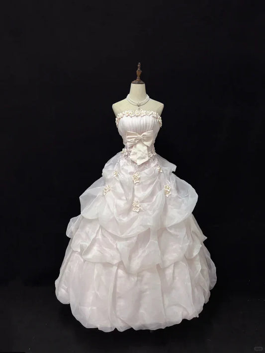 Elegant Light Pink Strapless Satin Sweet 16 Quinceanera A-Line Evening Dress Ball Gown TP4279