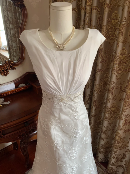 White Waist-Cinched Elegant Vintage Prom Dress, Wedding Gown gh7246