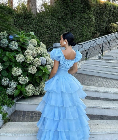 Blue Princess Cute Elegant A-line Short Sleeve Long Tulle Party Dress Evening Dress Ball Gown gh4197