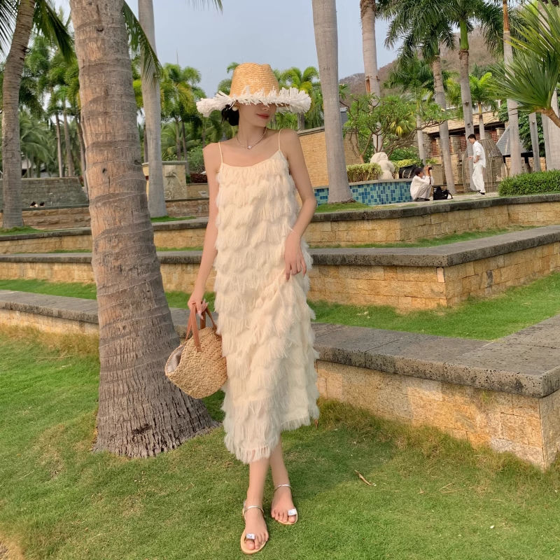 New Fashion Tassels Design Pink Beach Elegant Spaghetti Strap Dress TP2965