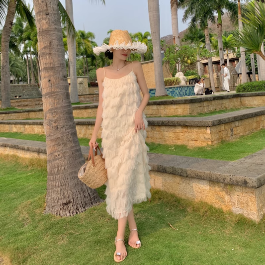 New Fashion Tassels Design Pink Beach Elegant Spaghetti Strap Dress TP2965