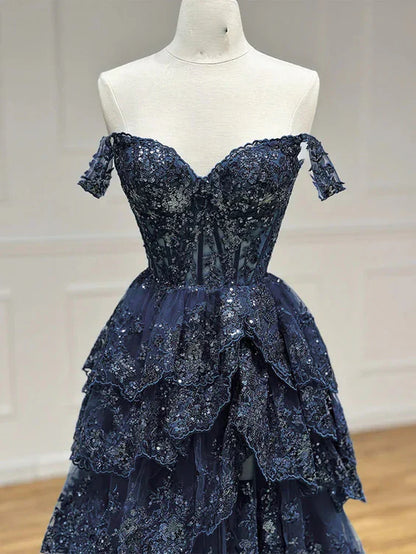 A-Line Sweetheart Neck Tulle Sequin Navy Blue Long Prom Dress P631