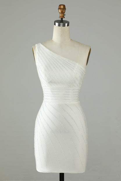 White One Shoulder Beaded Sheath Homecoming Dress