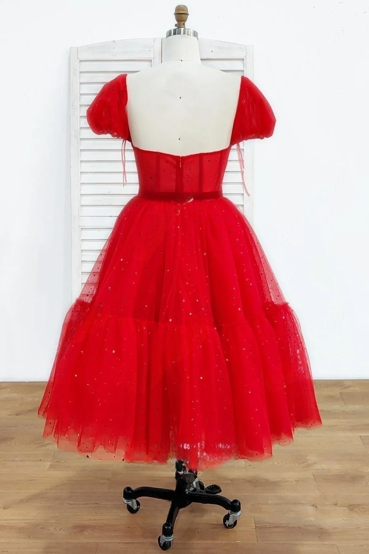 Blue A-line Stars Puff Sleeves Tulle Homecoming Dress with Sash