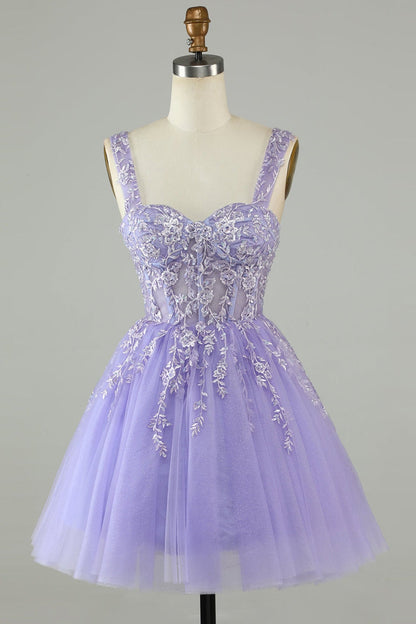 Lavender Sweetheart Tulle Appliques A-line Homecoming Dress