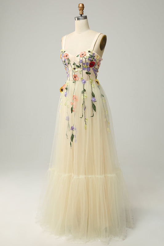 Light Yellow A-line Appliques Tulle Long Prom Dress