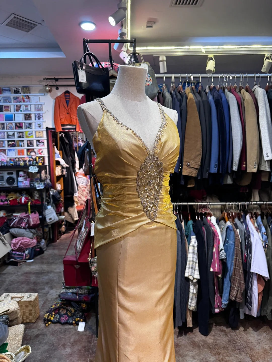 Vintage Gold Mermaid V-neck Sequined Satin Long Prom Dress Evening Dress P4153