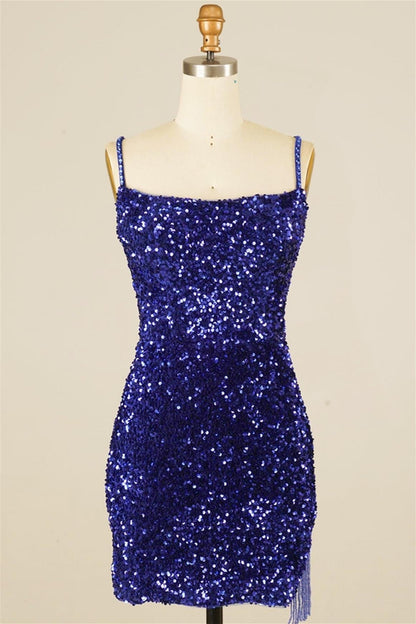 Royal Blue Sequins Lace-Up Sheath Homecoming Dress with Tassels