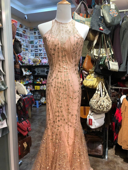 Sparkling Pink Mermaid Halter Neck Crossback Backless Tulle Long Prom Dress Evening Dress P4156