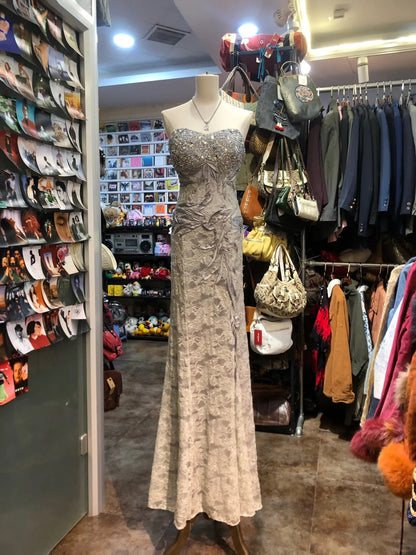 Elegant Grey Mermaid Strapless Sequined Lace Long Prom Dress Evening Dress P4157