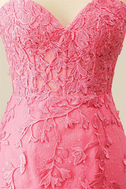 Pink Sweetheart Lace-Up Sheath Appliques Homecoming Dress