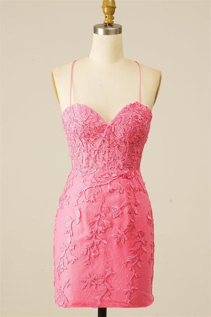 Pink Sweetheart Lace-Up Sheath Appliques Homecoming Dress