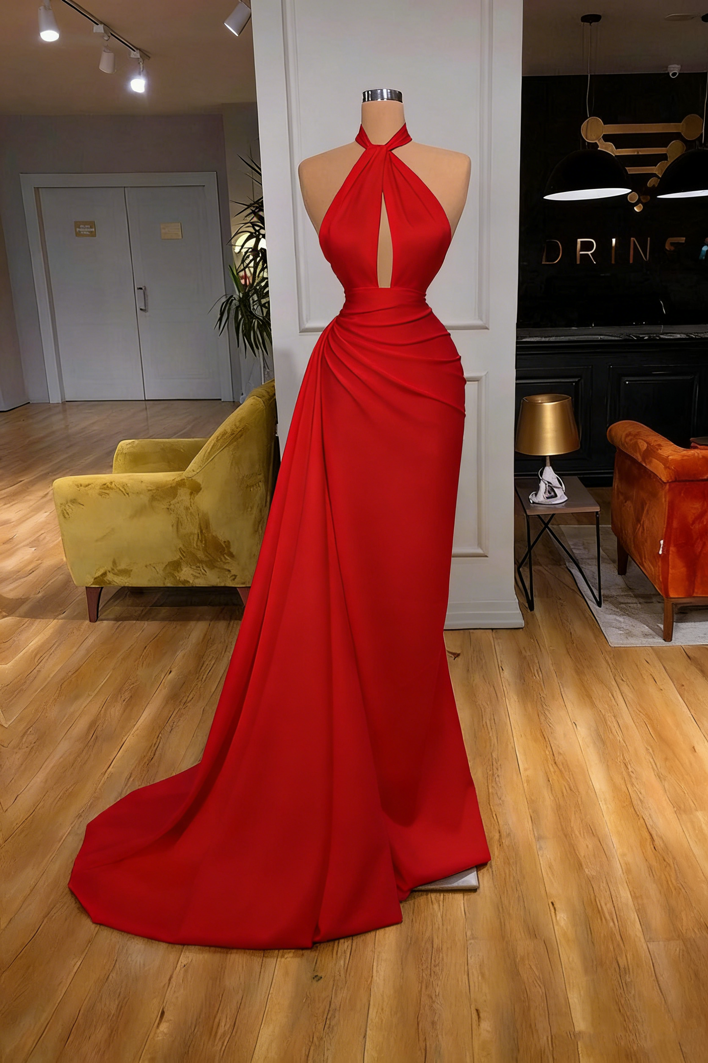 Vintage Mermaid Halter Sleeveless Ivory Long Prom Dresses P496