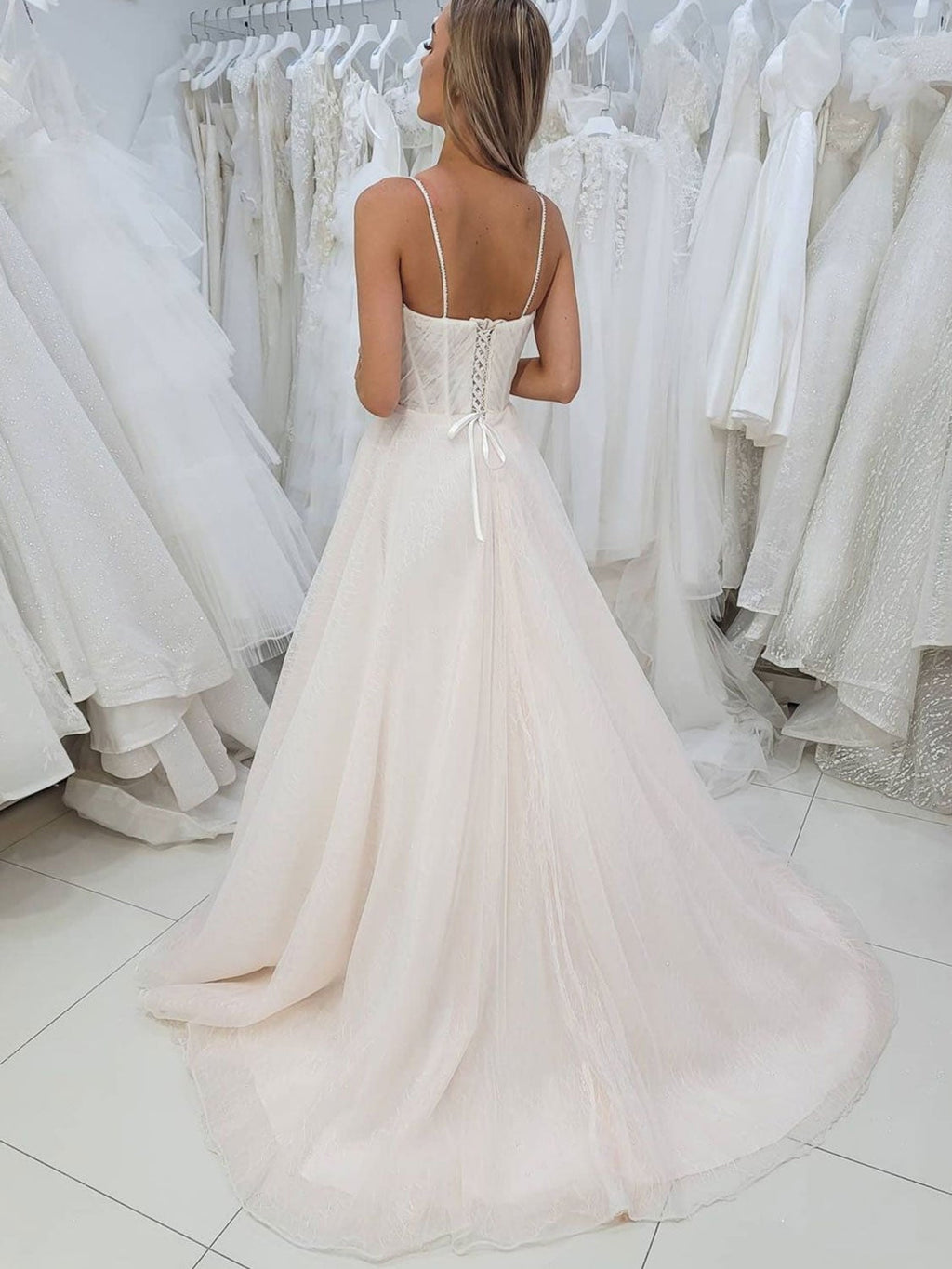 Light champagne tulle lace long prom dress, lace evening dress