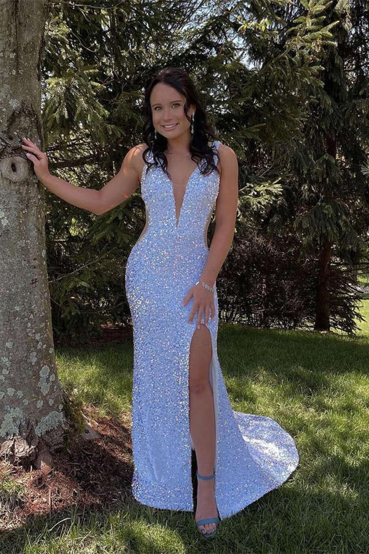 Glitter V-Neck Sequins Mermaid Prom Dress, Backless White Sparkly Evening Gowns Long