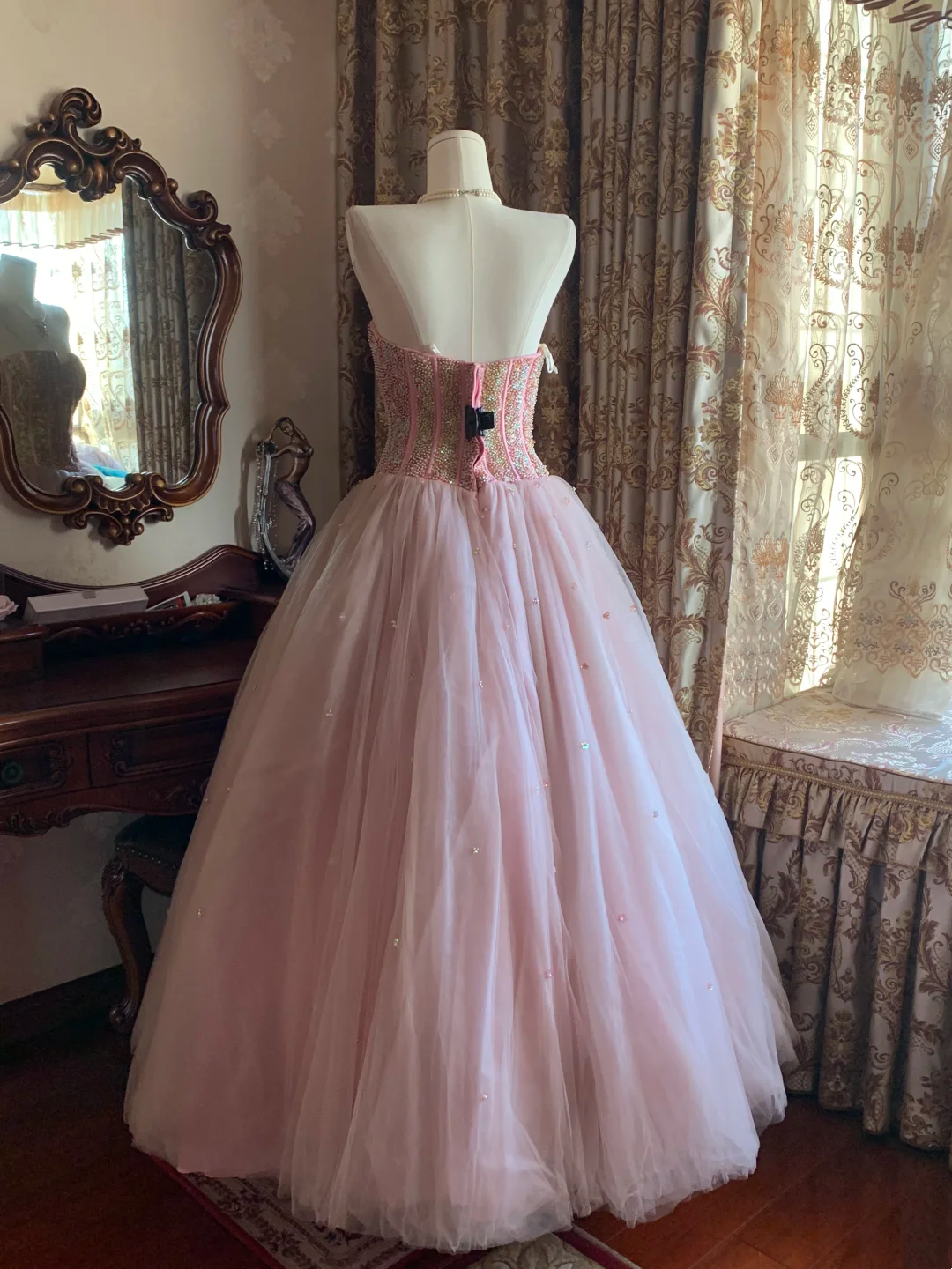 Light Pink Strapless Beaded Waist-Cinched Puffy Skirt Prom Dress, Birthday Party Gown gh7277
