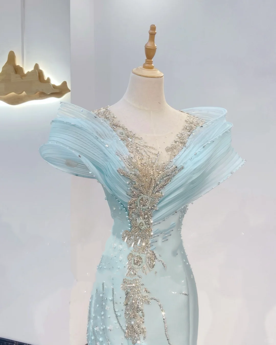 Light Blue Beaded Waist-Cinched Fitted Elegant Long Evening Dress, Fairy Gown, Romantic Gown gh7394