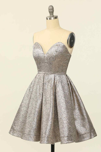 Silver A-line Strapless Sweetheart Lace-Up Back Mini Homecoming Dress