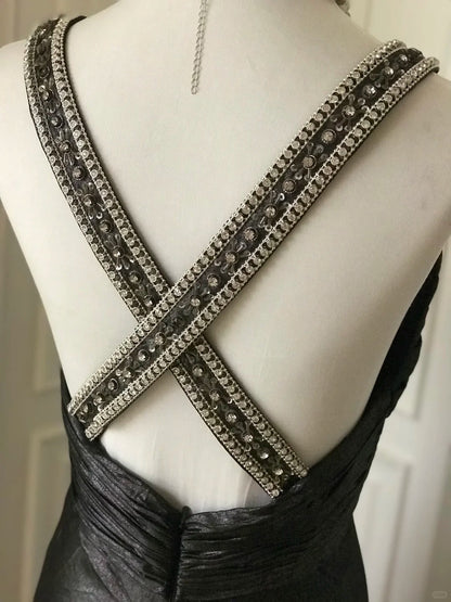 ✨🖤Black beaded mysterious and noble black swan vintag Downton Abbey deep V long satin ball gown evening dress gh4390