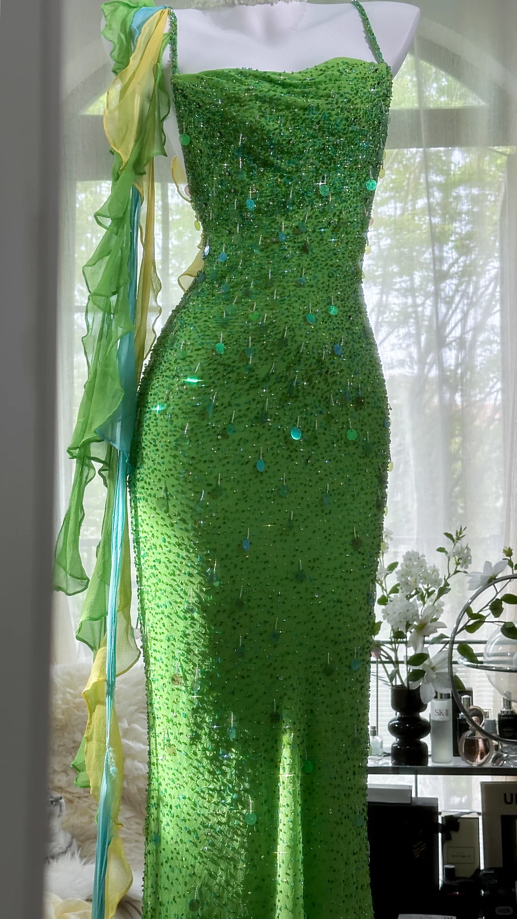 Vintage Shiny Sequin Green Spaghetti Strap Design A-line Romantic Chiffon Evening Dress Prom Dress TP4007