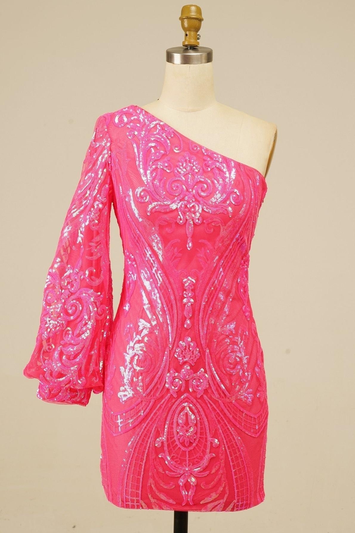 Orange One Shoulder Long Sleeve Sequins-Embroidered Homecoming Dress