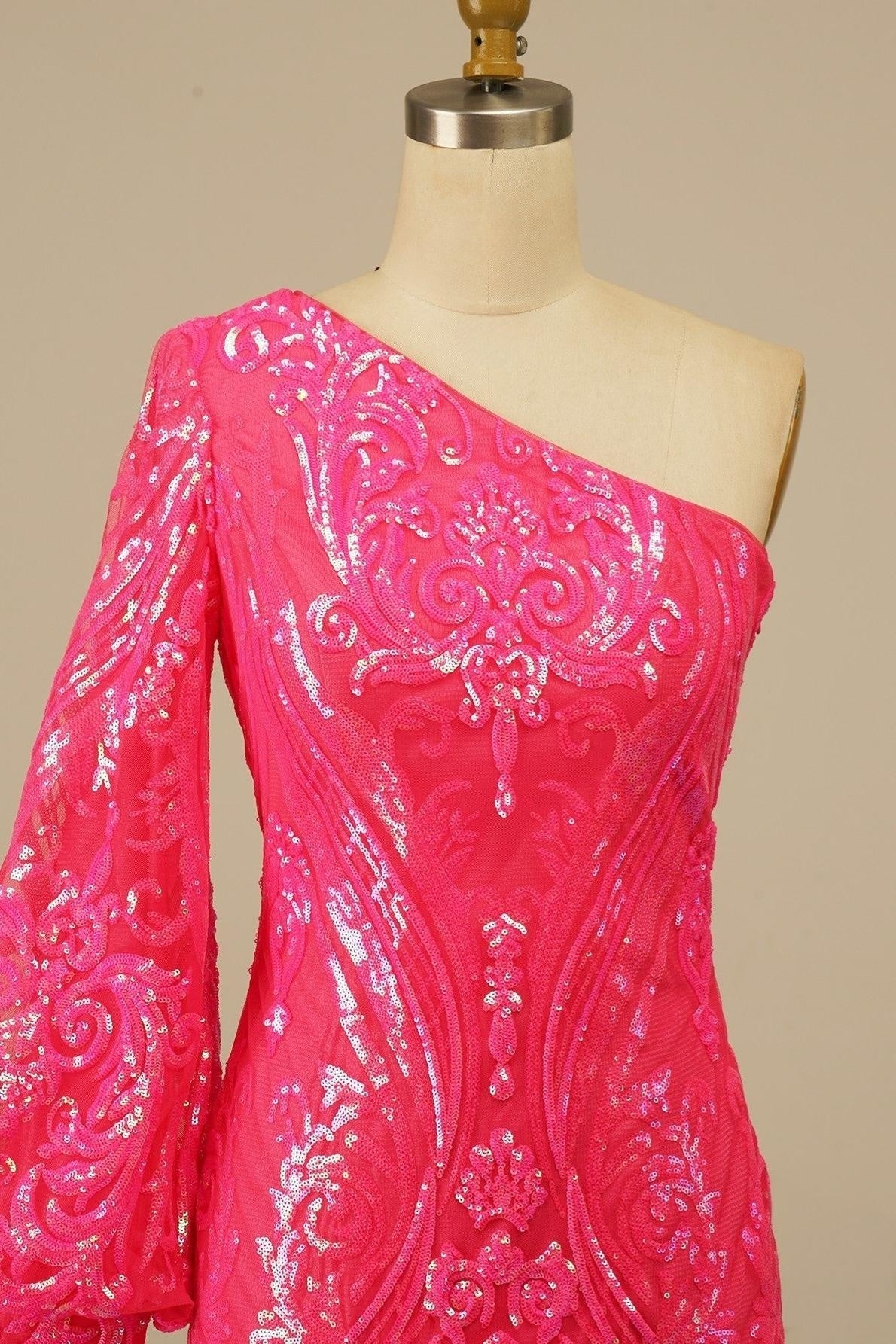 Orange One Shoulder Long Sleeve Sequins-Embroidered Homecoming Dress