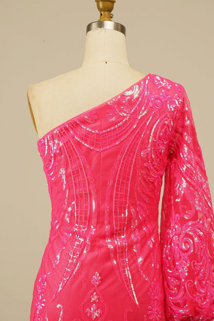 Orange One Shoulder Long Sleeve Sequins-Embroidered Homecoming Dress