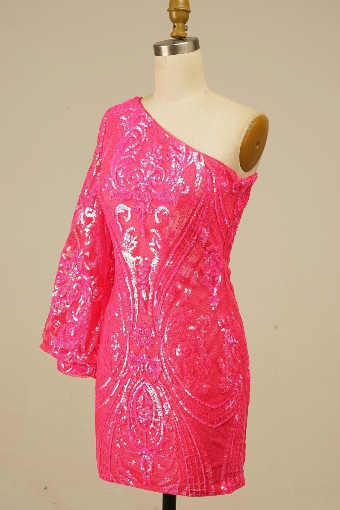 Orange One Shoulder Long Sleeve Sequins-Embroidered Homecoming Dress