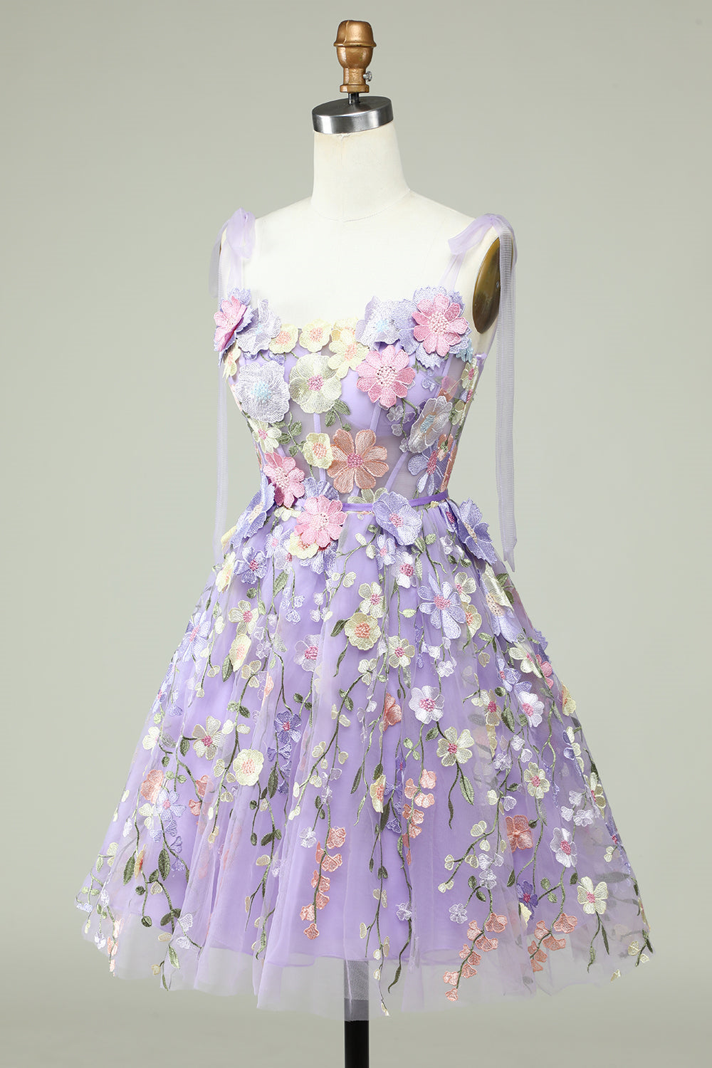 Lavender Bow Tie Shoulder A-line Flowers Homecoming Dress