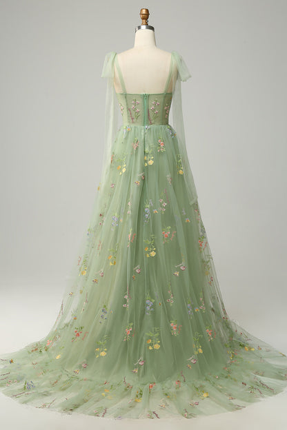 Black Bow Tie Shoulder A-line Embroidery Tulle Long Prom Dress