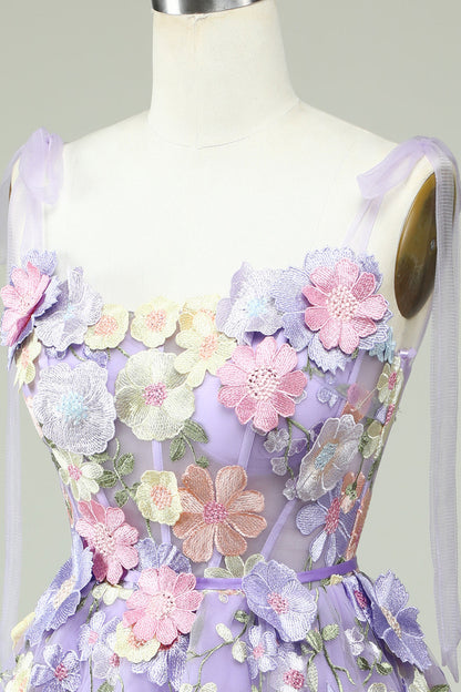 Lavender Bow Tie Shoulder A-line Flowers Homecoming Dress