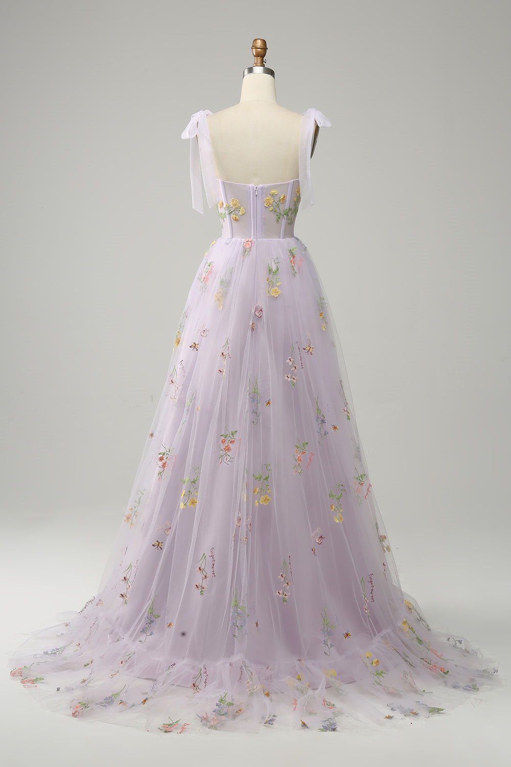 Black Bow Tie Shoulder A-line Embroidery Tulle Long Prom Dress