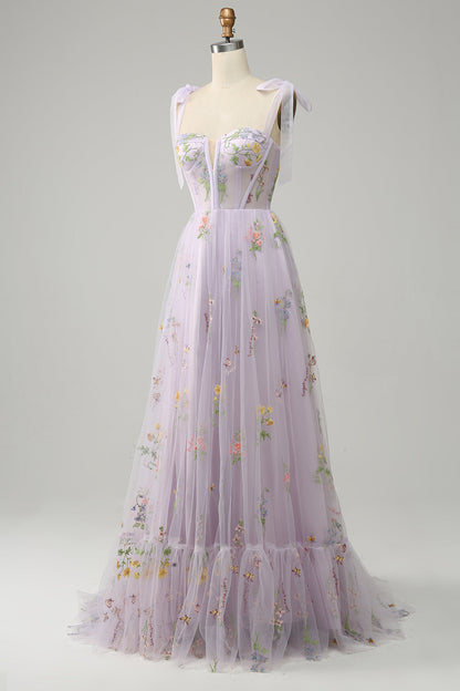 Black Bow Tie Shoulder A-line Embroidery Tulle Long Prom Dress