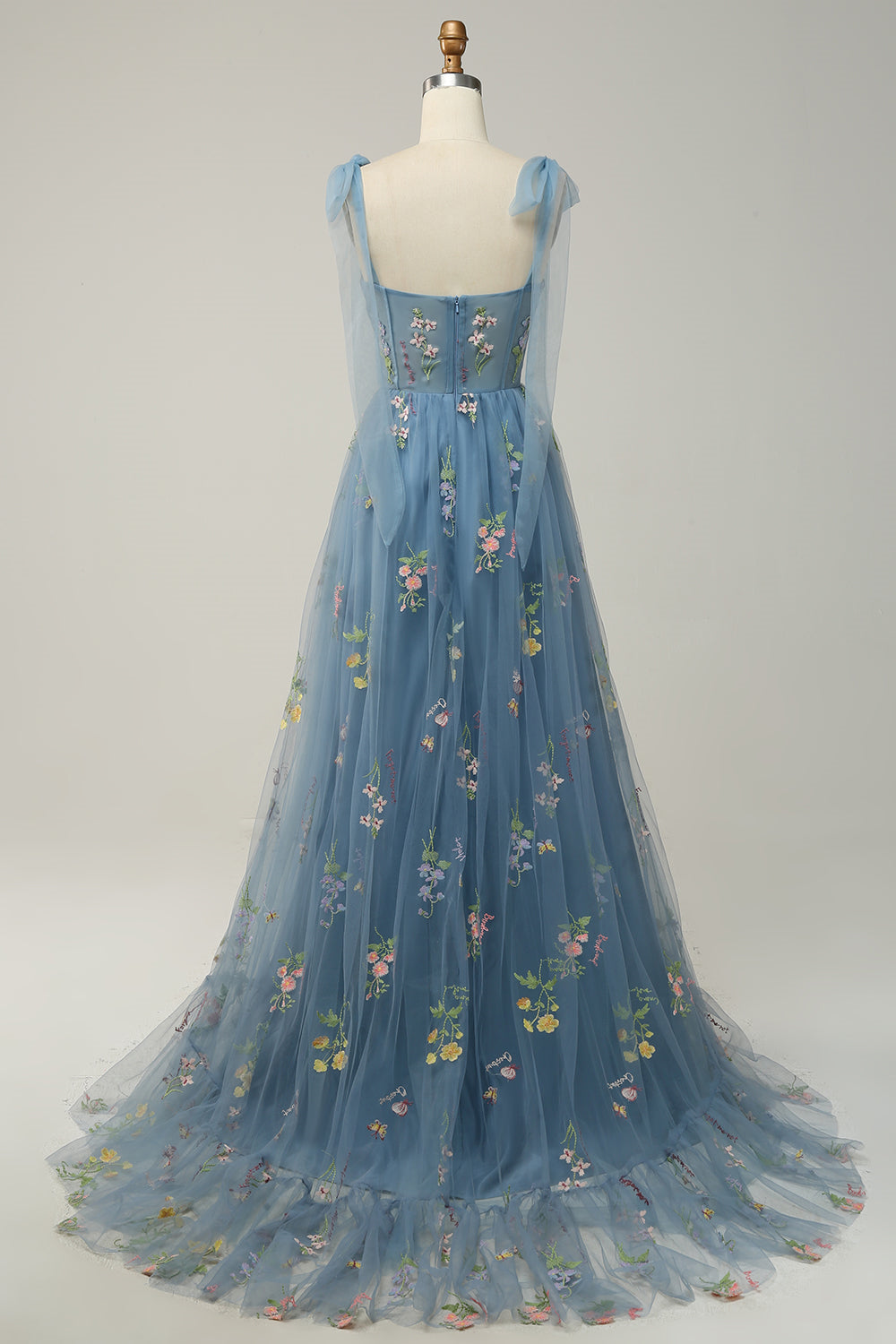 Black Bow Tie Shoulder A-line Embroidery Tulle Long Prom Dress