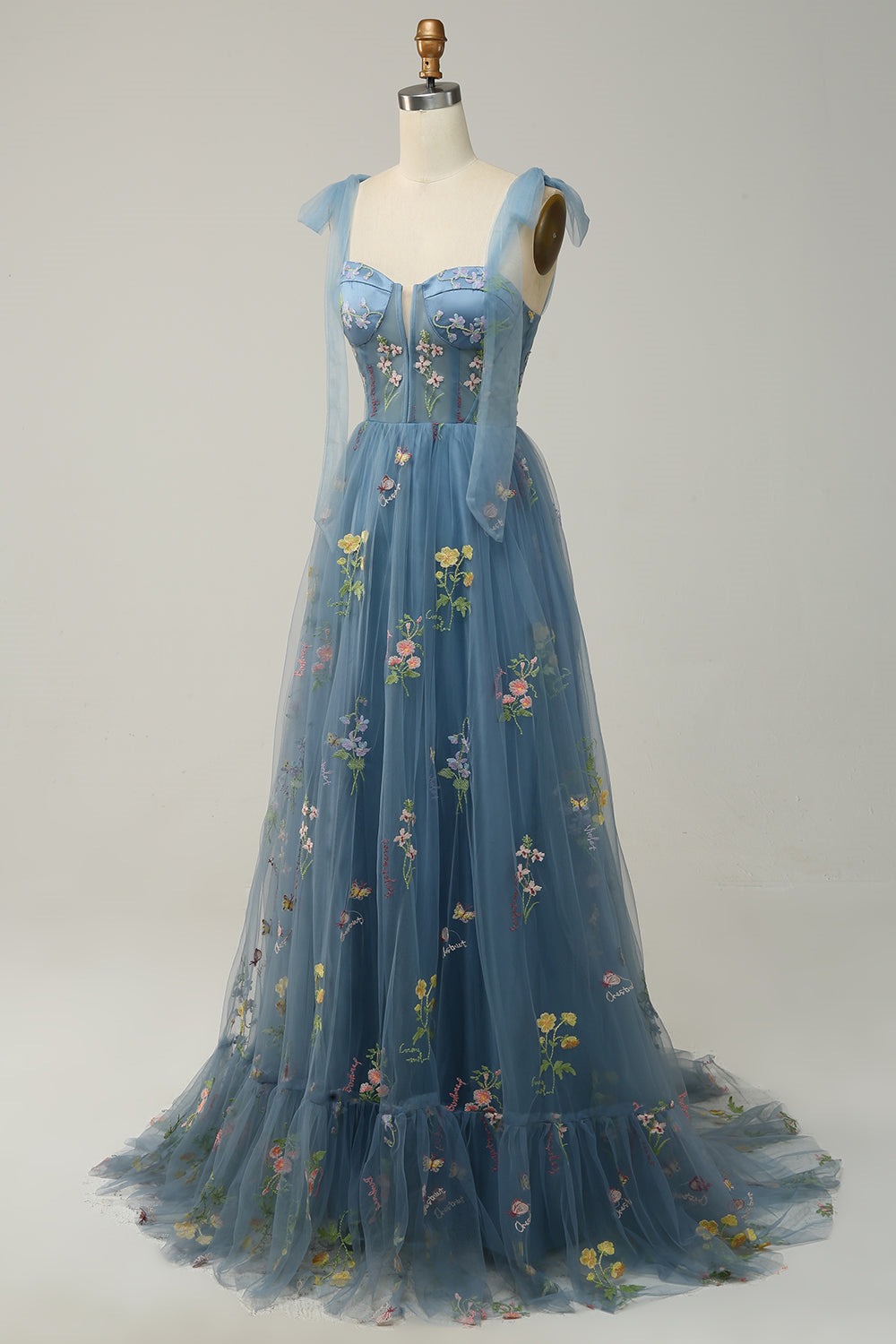 Black Bow Tie Shoulder A-line Embroidery Tulle Long Prom Dress