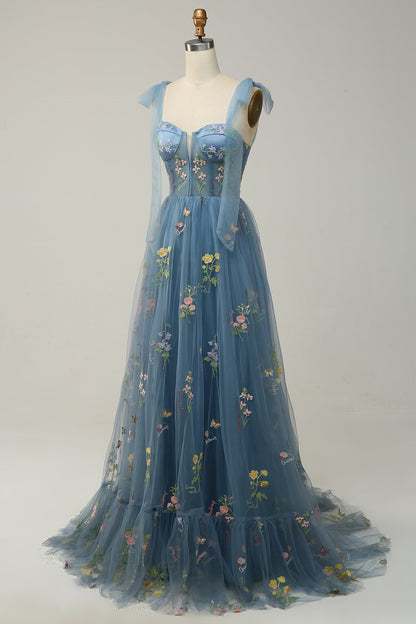 Black Bow Tie Shoulder A-line Embroidery Tulle Long Prom Dress